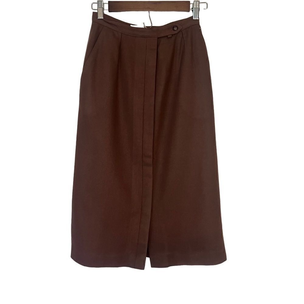 Vintage 1970s Evan Picone Brown Wool Skirt w/  Front Pleat and Pockets! Sz 6 EUC